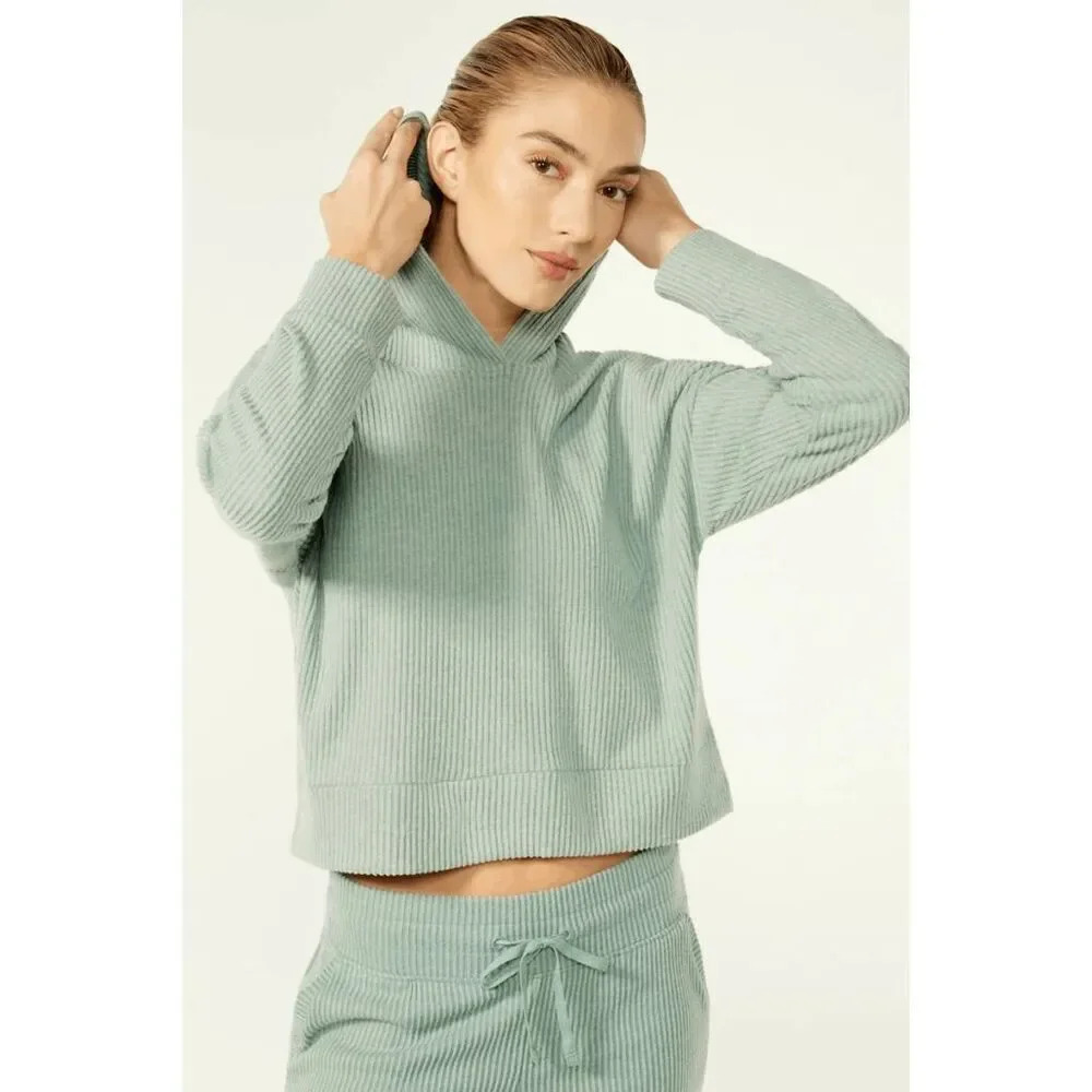 Zobha Womens Jessi Ribbed Hoodie Size XL Green Cropped Pullover Oversized‎